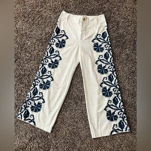 Anthropologie Becky Wide Leg MP Embroidered Pants White and blue